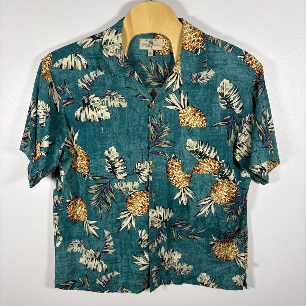 Island Shores Pineapple Leaf Print Silk Aloha Shirt Men's XXLarge‎